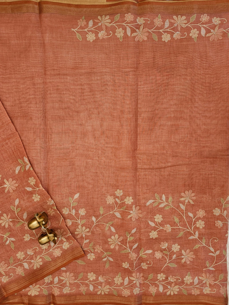 Linen Tissue with Aari Work - Smoky Blue - Rust Orange