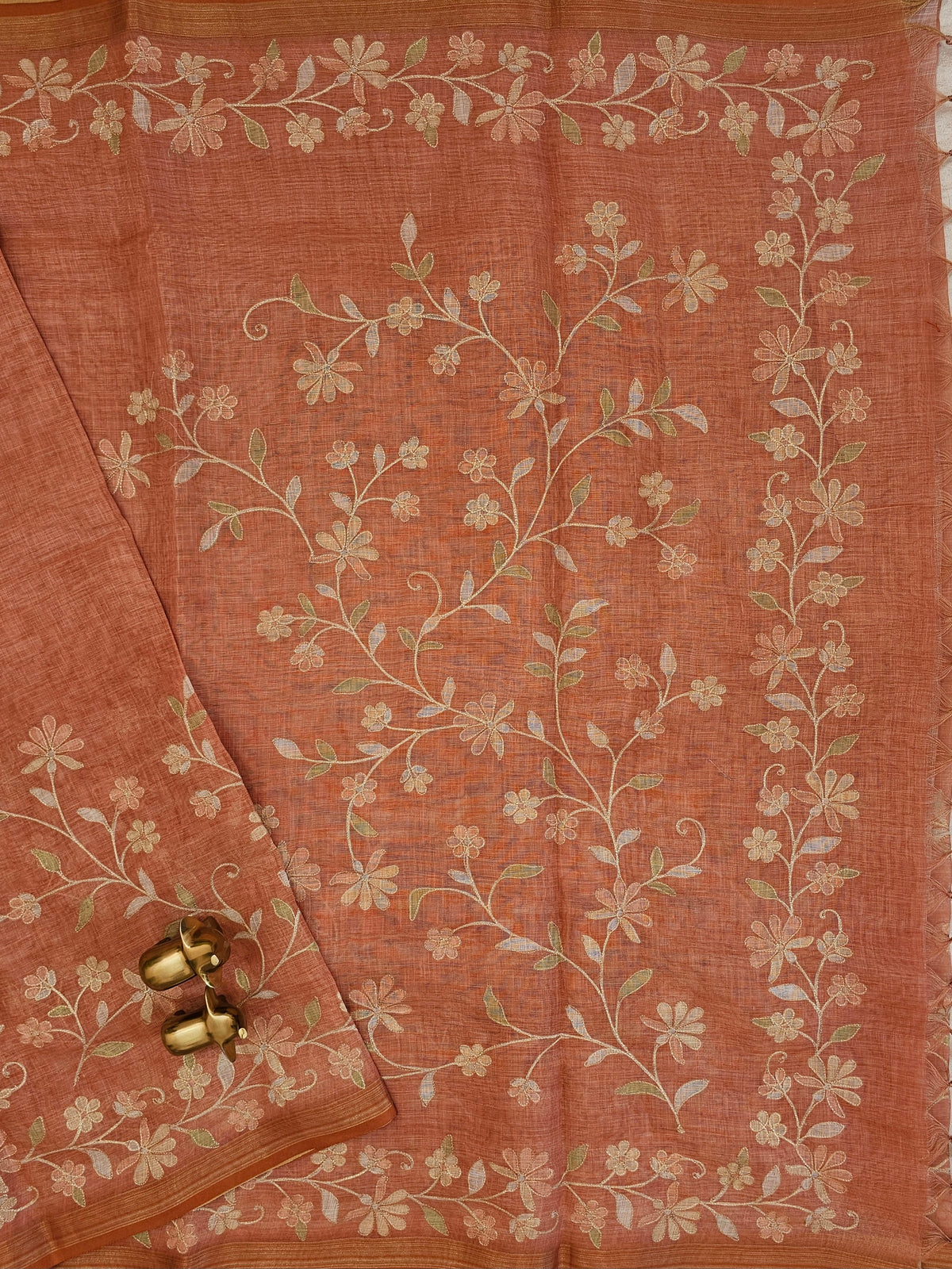 Linen Tissue with Aari Work - Smoky Blue - Rust Orange