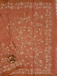Linen Tissue with Aari Work - Smoky Blue - Rust Orange