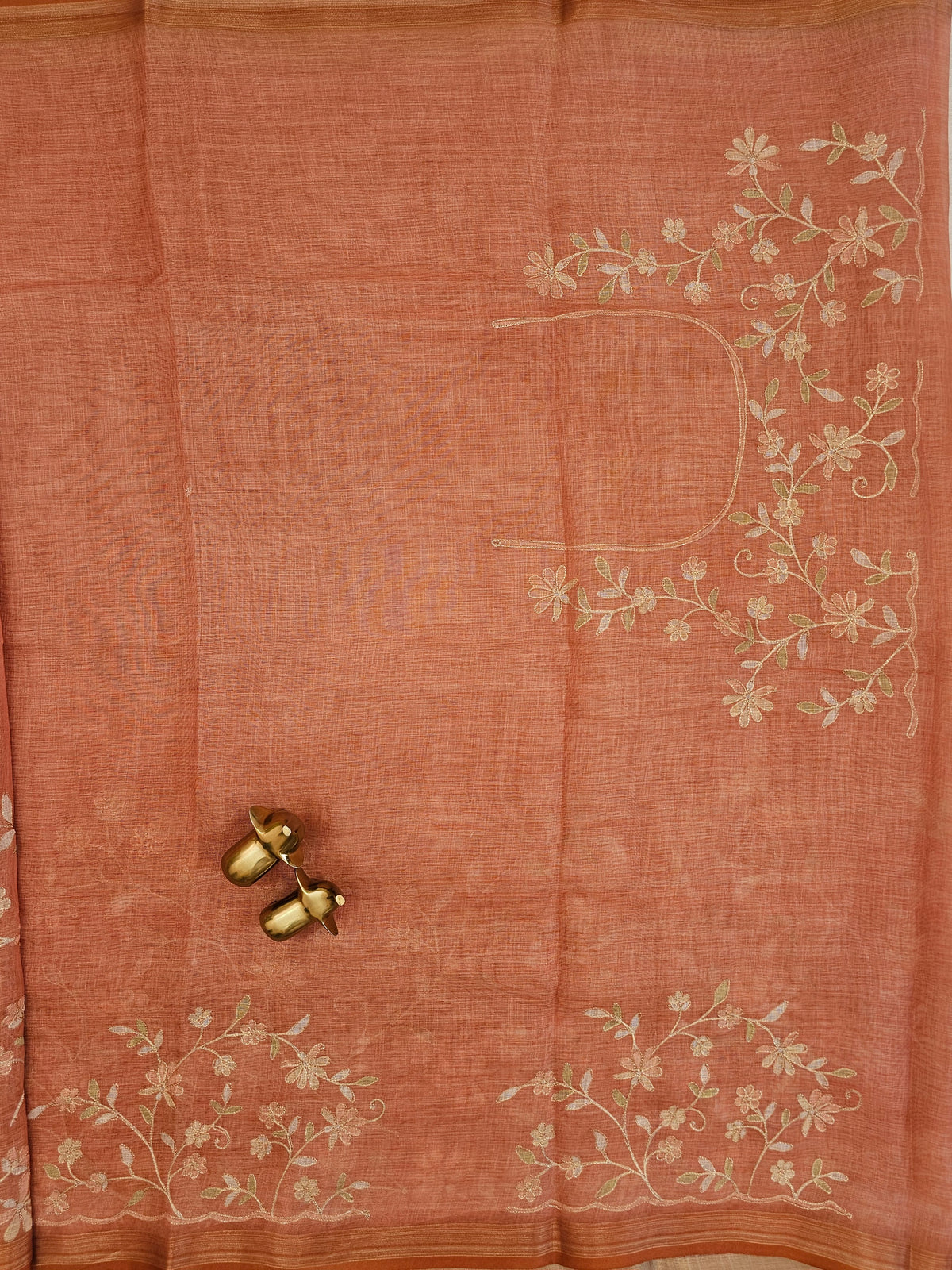 Linen Tissue with Aari Work - Smoky Blue - Rust Orange