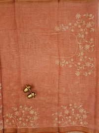 Linen Tissue with Aari Work - Smoky Blue - Rust Orange