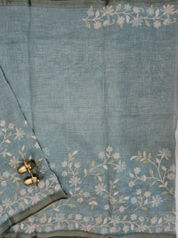 Linen Tissue with Aari Work - Smoky Blue - Blue