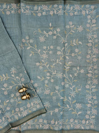 Linen Tissue with Aari Work - Smoky Blue - Blue