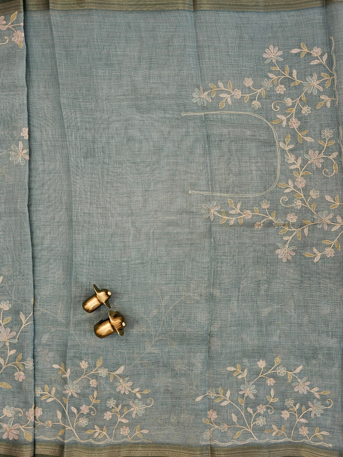 Linen Tissue with Aari Work - Smoky Blue - Blue