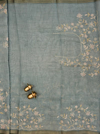 Linen Tissue with Aari Work - Smoky Blue - Blue