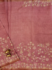 Linen Tissue with Aari Work - Smoky Blue - Pink