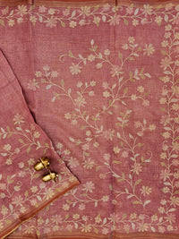 Linen Tissue with Aari Work - Smoky Blue - Pink