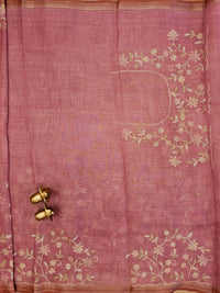 Linen Tissue with Aari Work - Smoky Blue - Pink