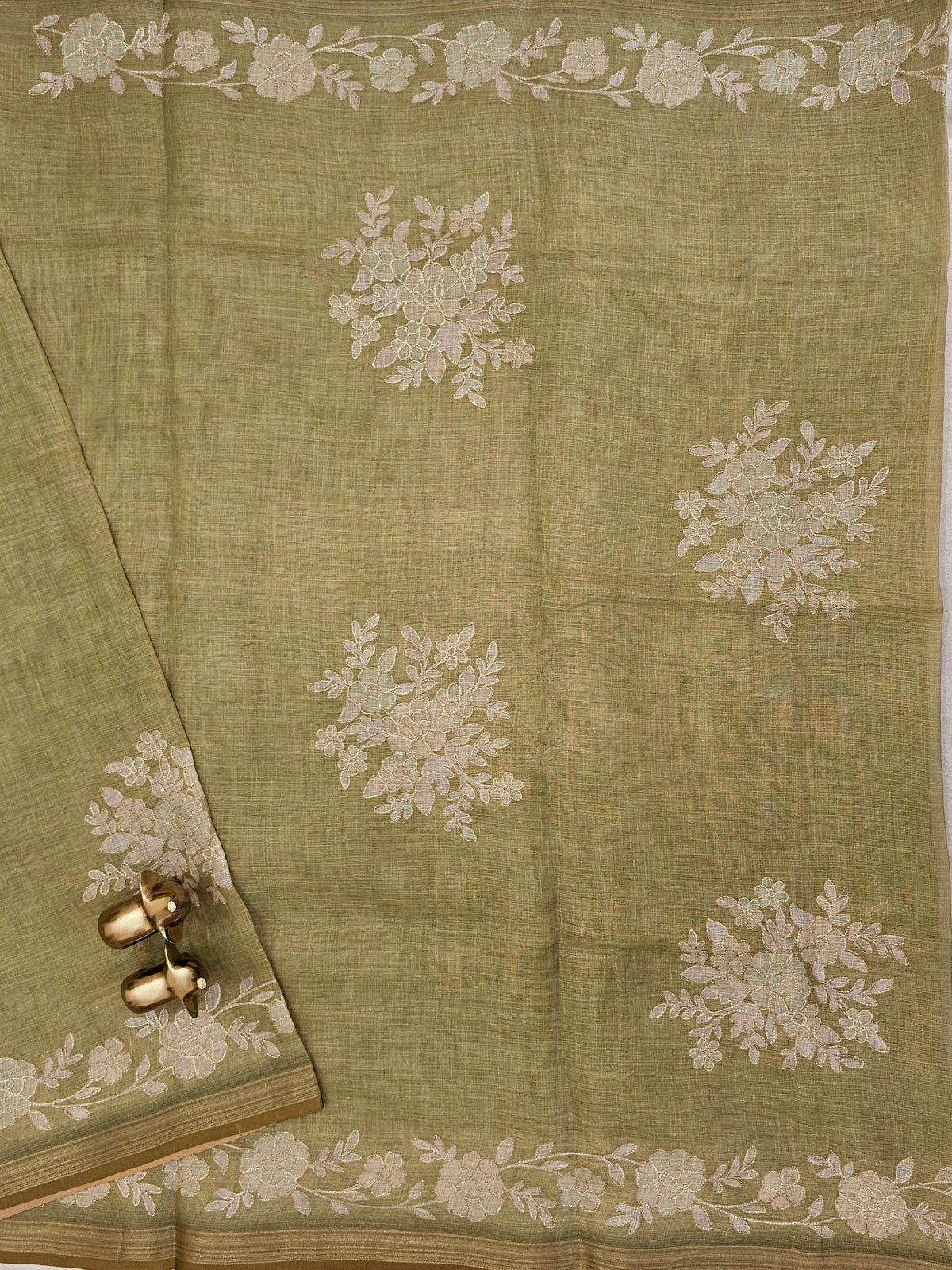 Linen Tissue with Aari Work - Green