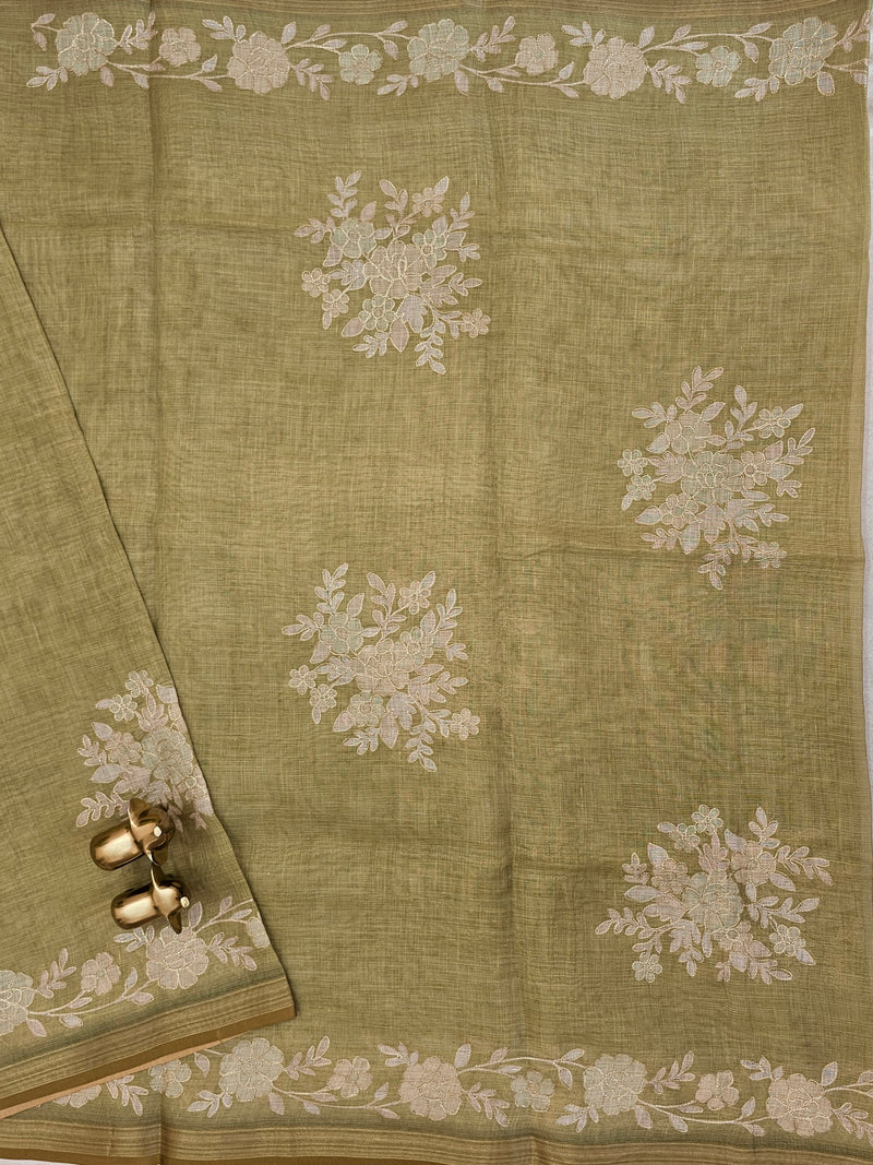 Linen Tissue with Aari Work - Green
