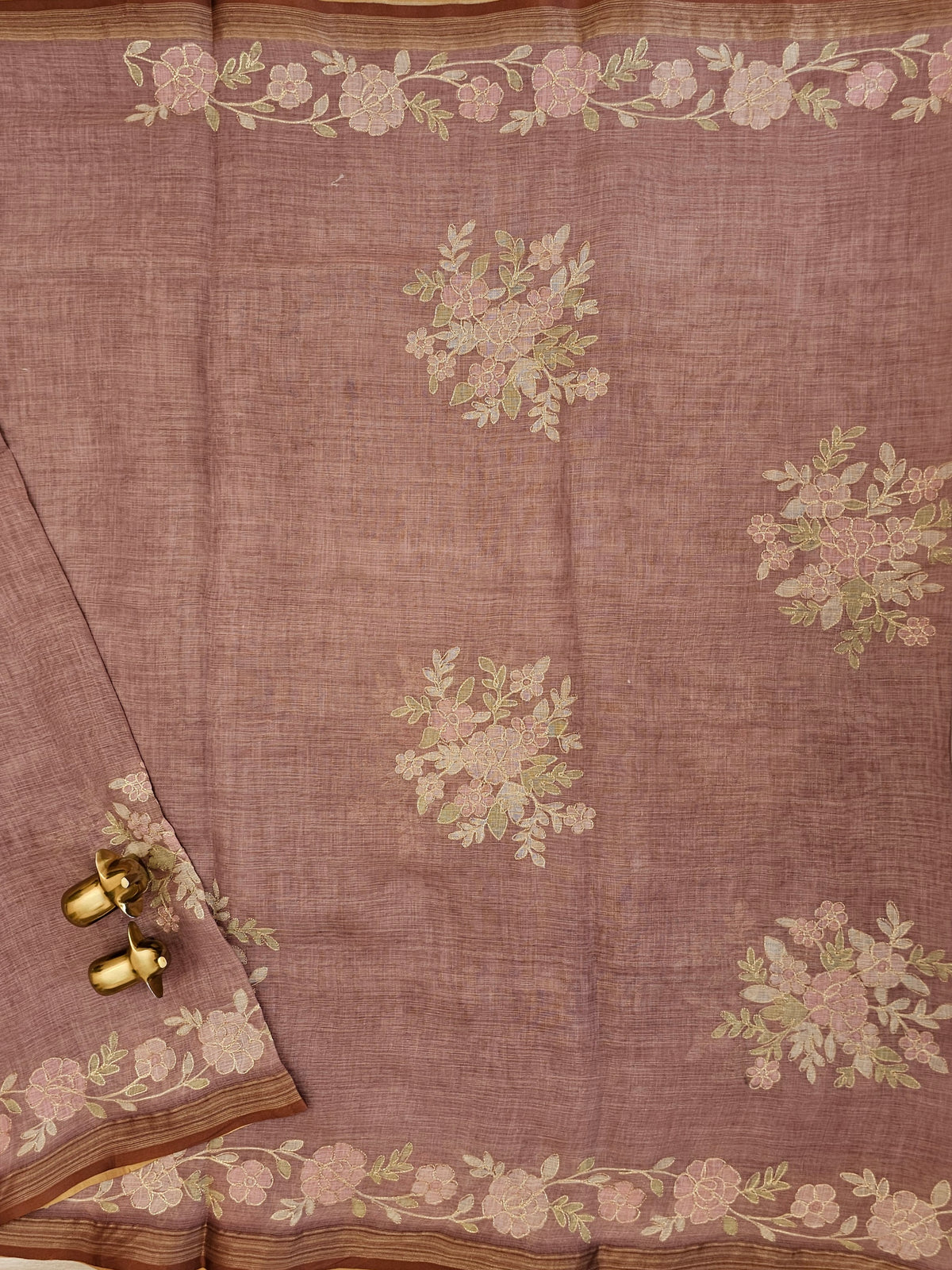 Linen Tissue with Aari Work - Smoky Blue - Onion Pink