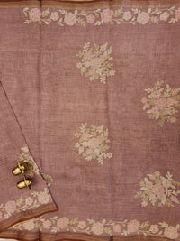 Linen Tissue with Aari Work - Smoky Blue - Onion Pink