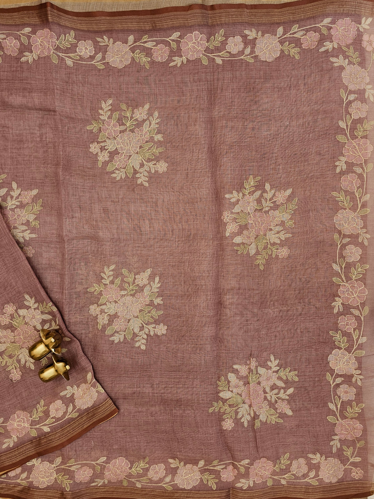 Linen Tissue with Aari Work - Smoky Blue - Onion Pink