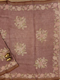 Linen Tissue with Aari Work - Smoky Blue - Onion Pink