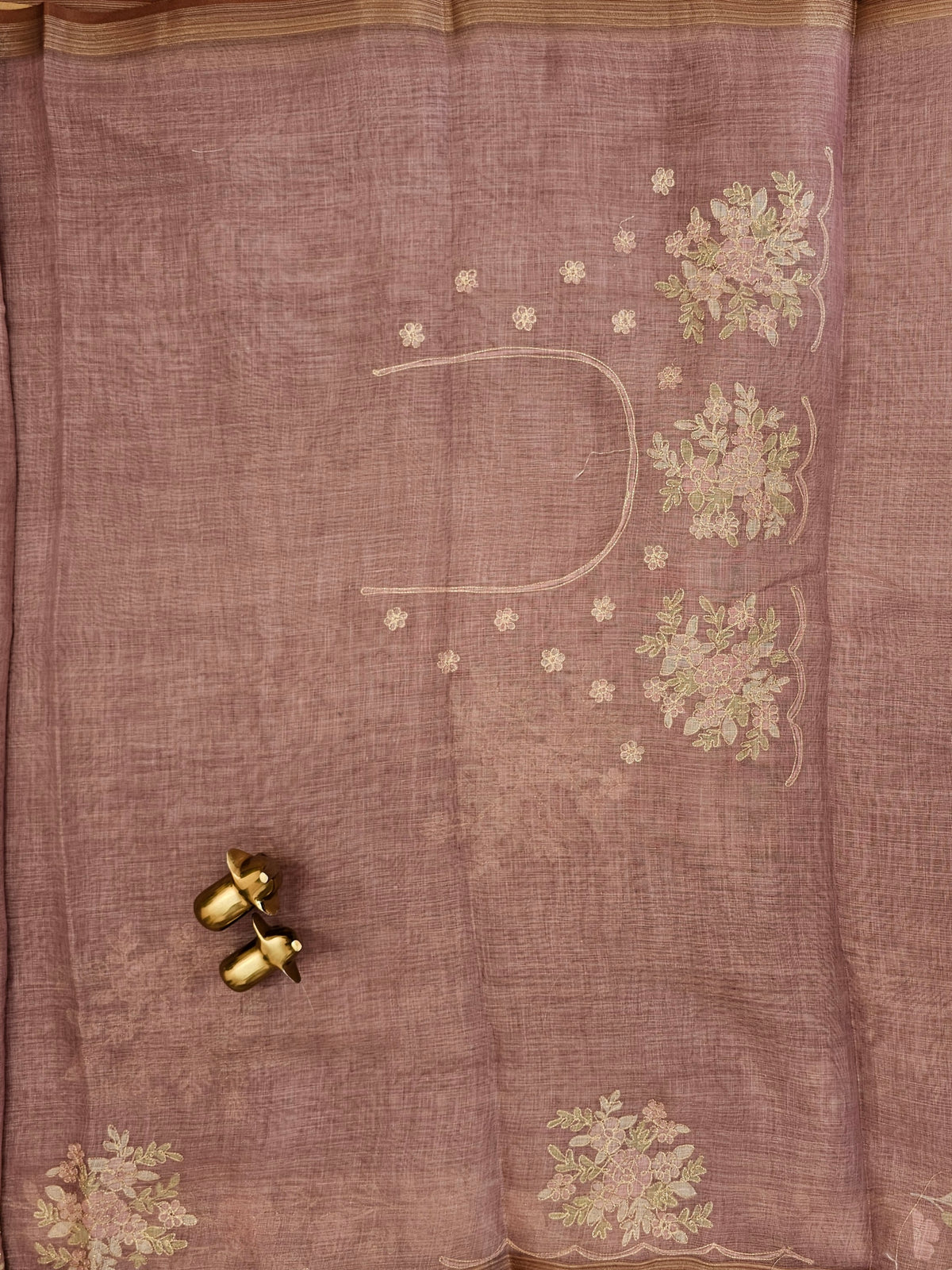 Linen Tissue with Aari Work - Smoky Blue - Onion Pink