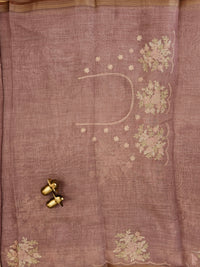 Linen Tissue with Aari Work - Smoky Blue - Onion Pink