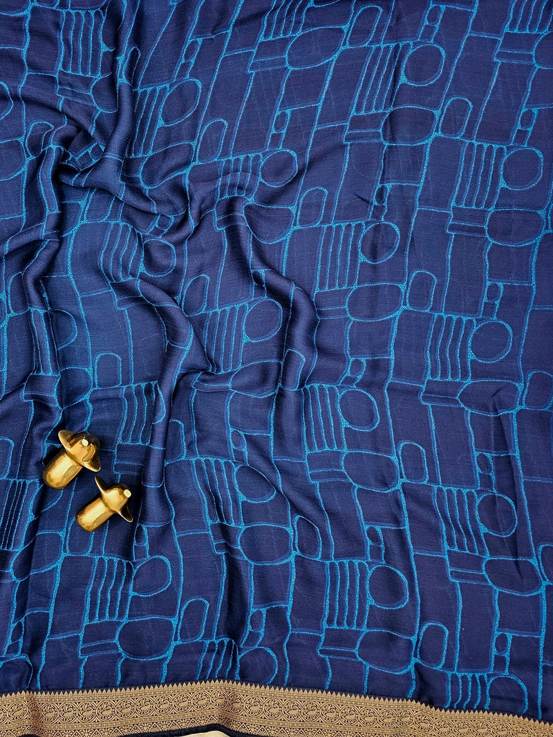 Chiffon with Zari Border Saree - Navy Blue