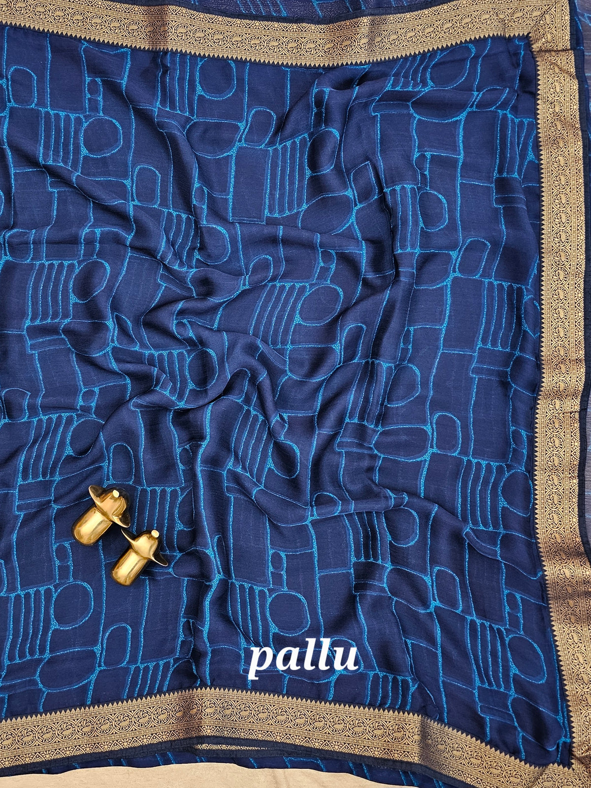 Chiffon with Zari Border Saree - Navy Blue