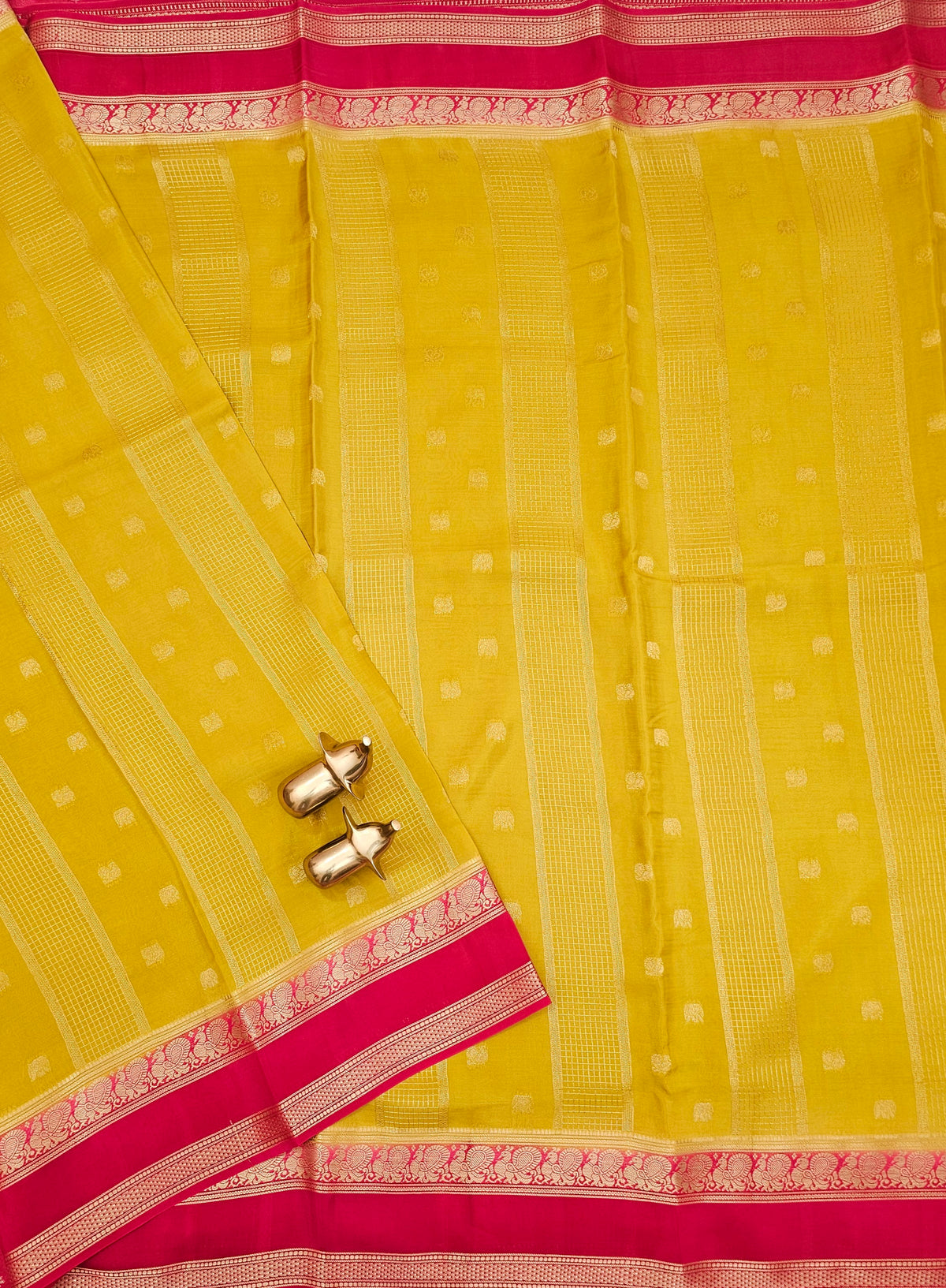 Mustard with Pink Premium Semi Mysore Crepe Silk Saree