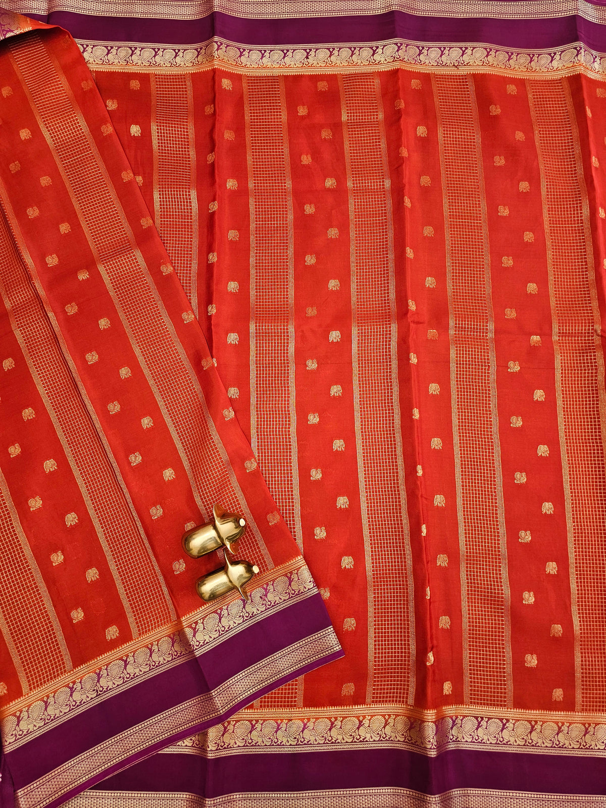 Rust Orange with Magenta Pink Premium Semi Mysore Crepe Silk Saree