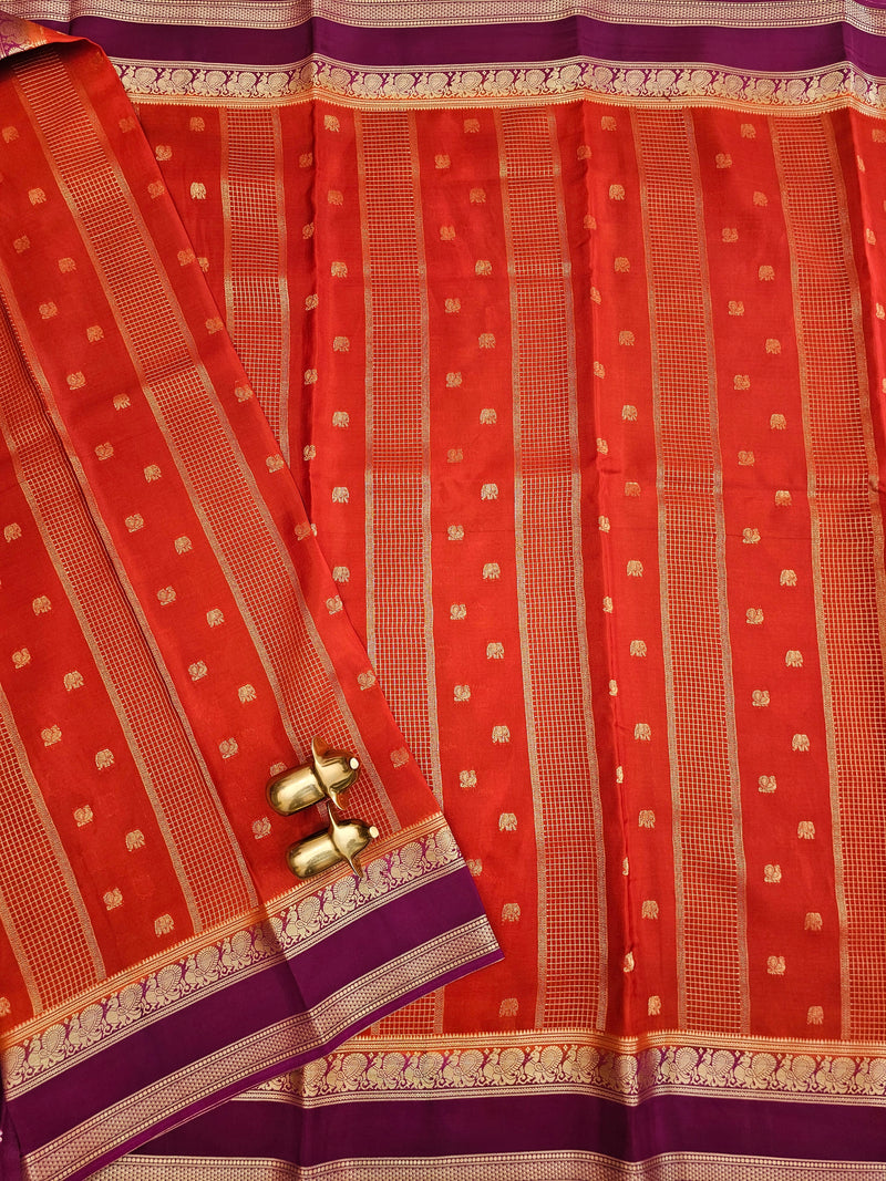 Rust Orange with Magenta Pink Premium Semi Mysore Crepe Silk Saree