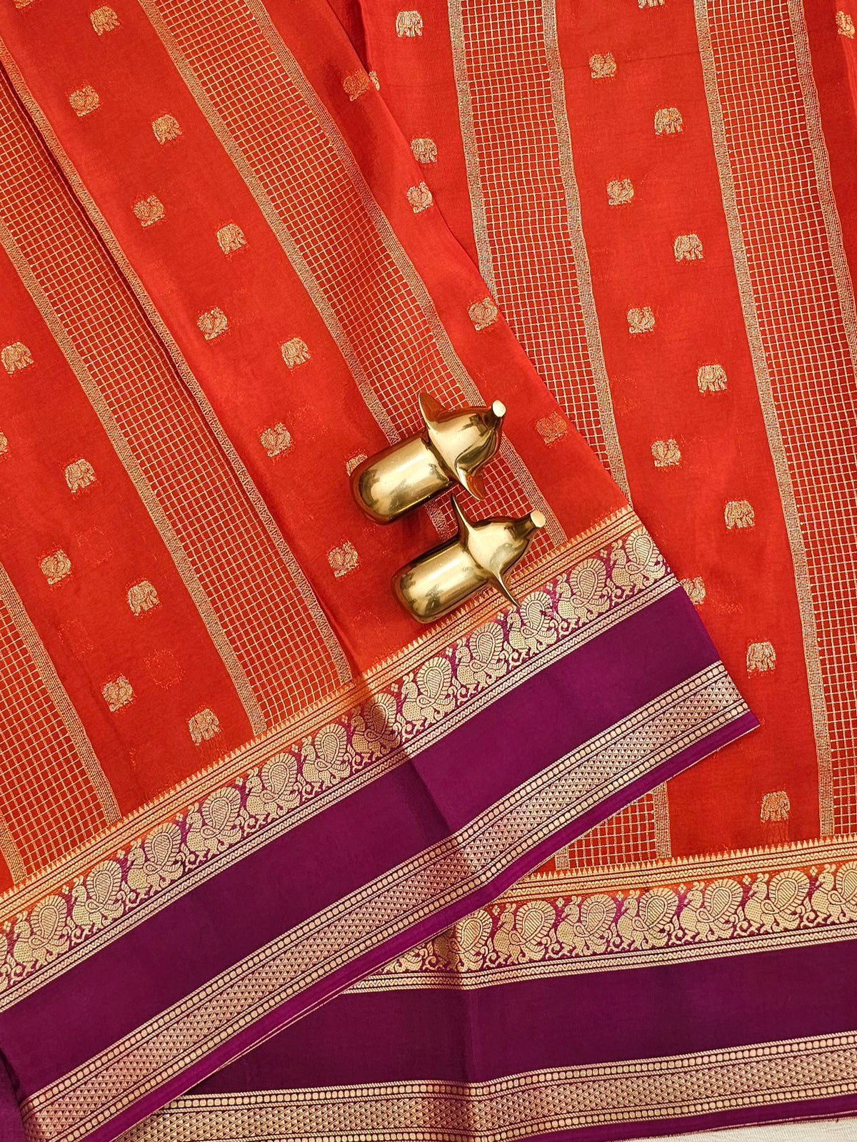 Rust Orange with Magenta Pink Premium Semi Mysore Crepe Silk Saree
