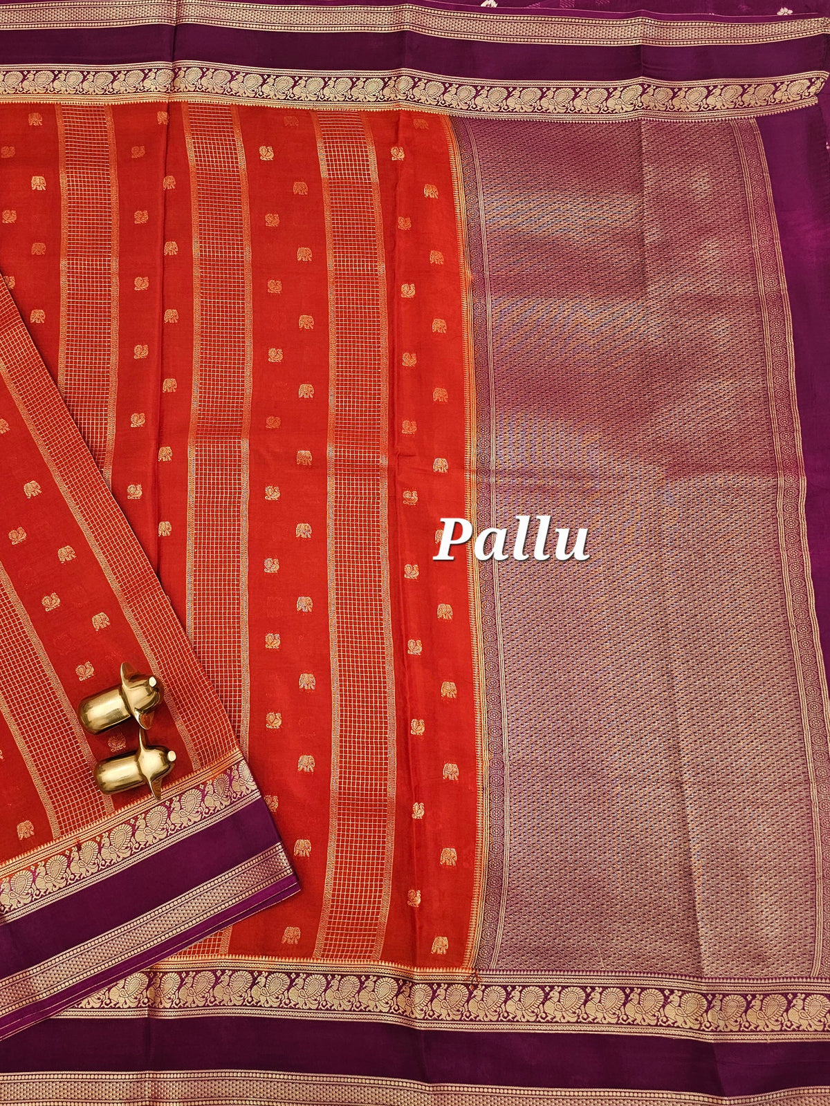 Rust Orange with Magenta Pink Premium Semi Mysore Crepe Silk Saree