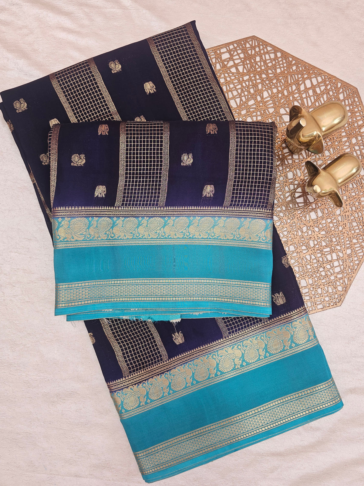 Dark Blue with Blue Premium Semi Mysore Crepe Silk Saree