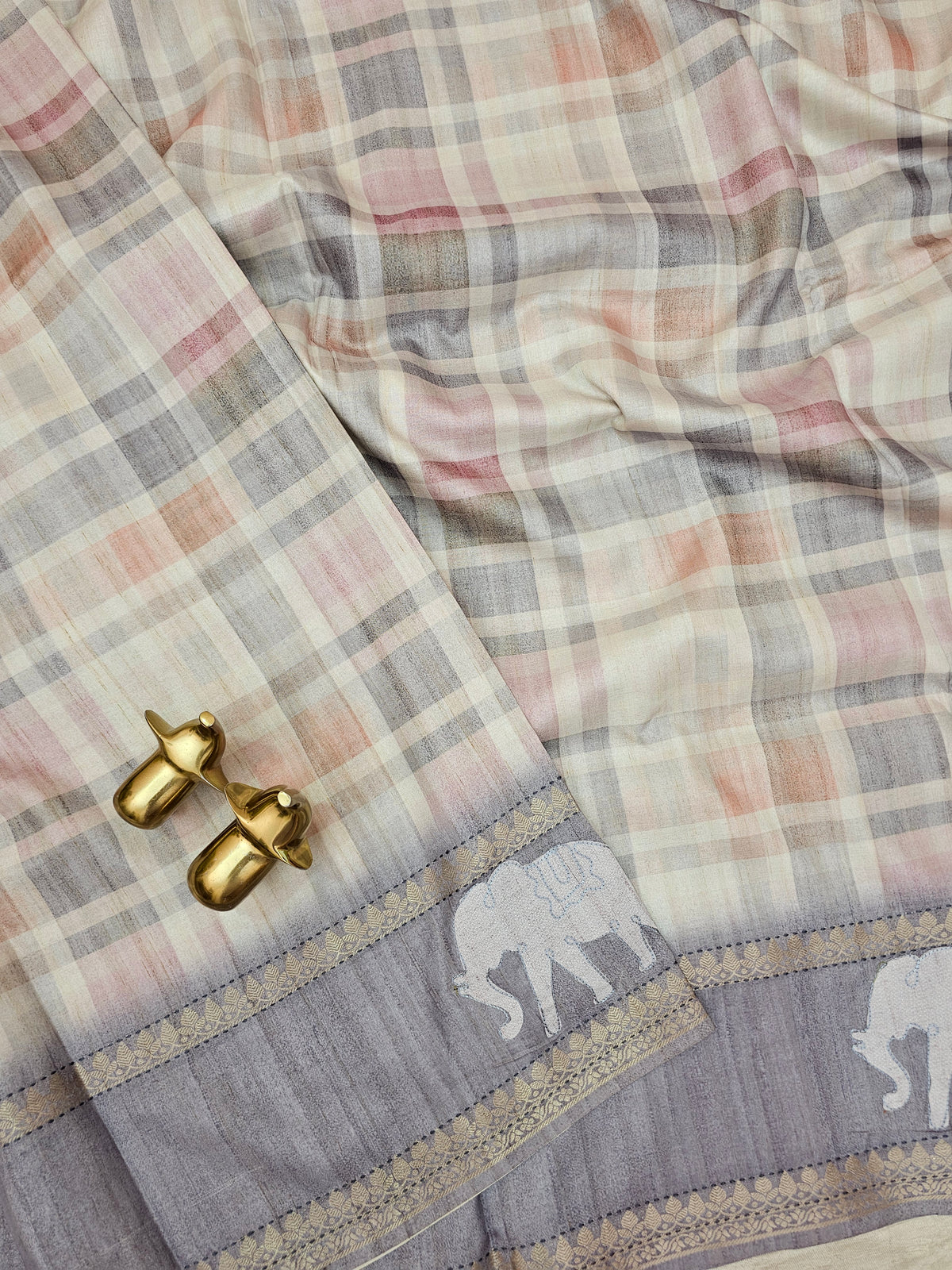 Soft Semi Tussar Madras Checks with Elephant Patch Work and Kantha Work - Grey