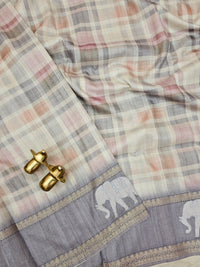 Soft Semi Tussar Madras Checks with Elephant Patch Work and Kantha Work - Grey