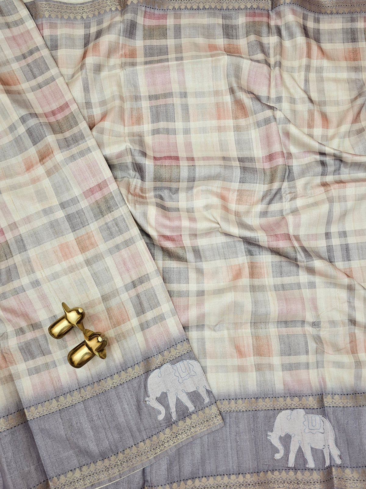 Soft Semi Tussar Madras Checks with Elephant Patch Work and Kantha Work - Grey