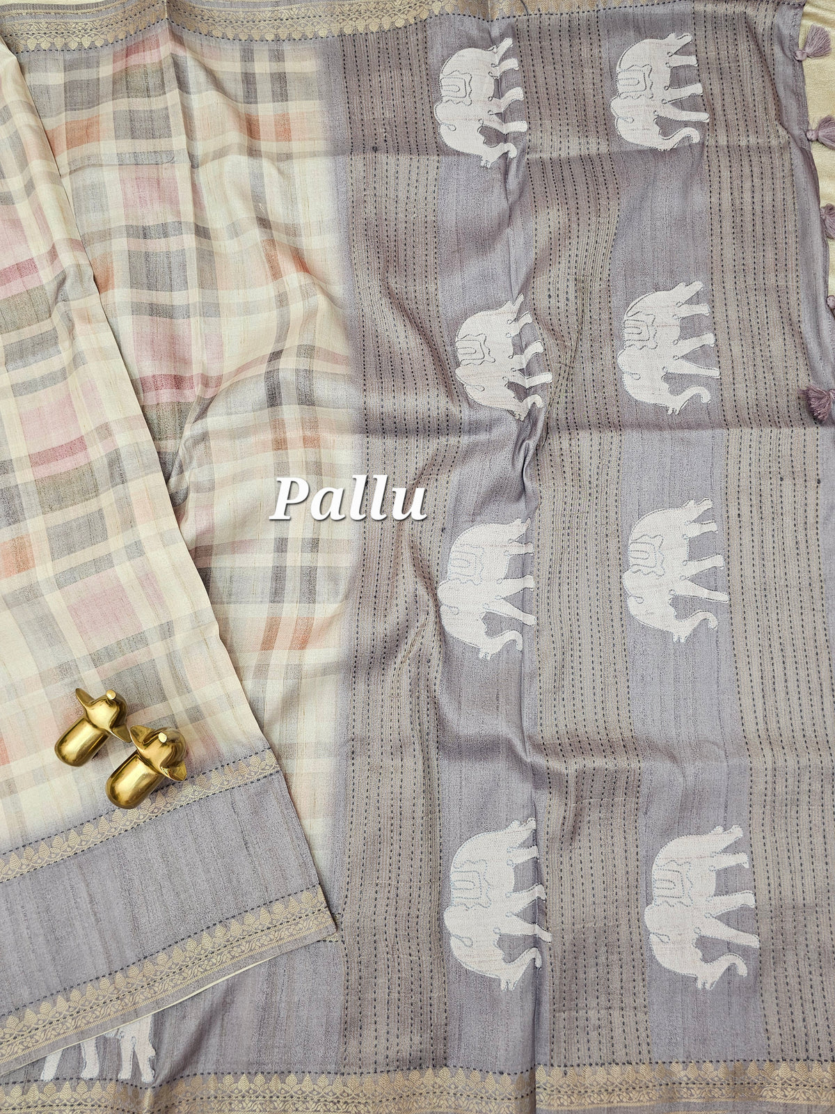 Soft Semi Tussar Madras Checks with Elephant Patch Work and Kantha Work - Grey
