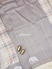 Soft Semi Tussar Madras Checks with Elephant Patch Work and Kantha Work - Grey