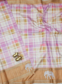 Soft Semi Tussar Madras Checks with Elephant Patch Work and Kantha Work - Brown