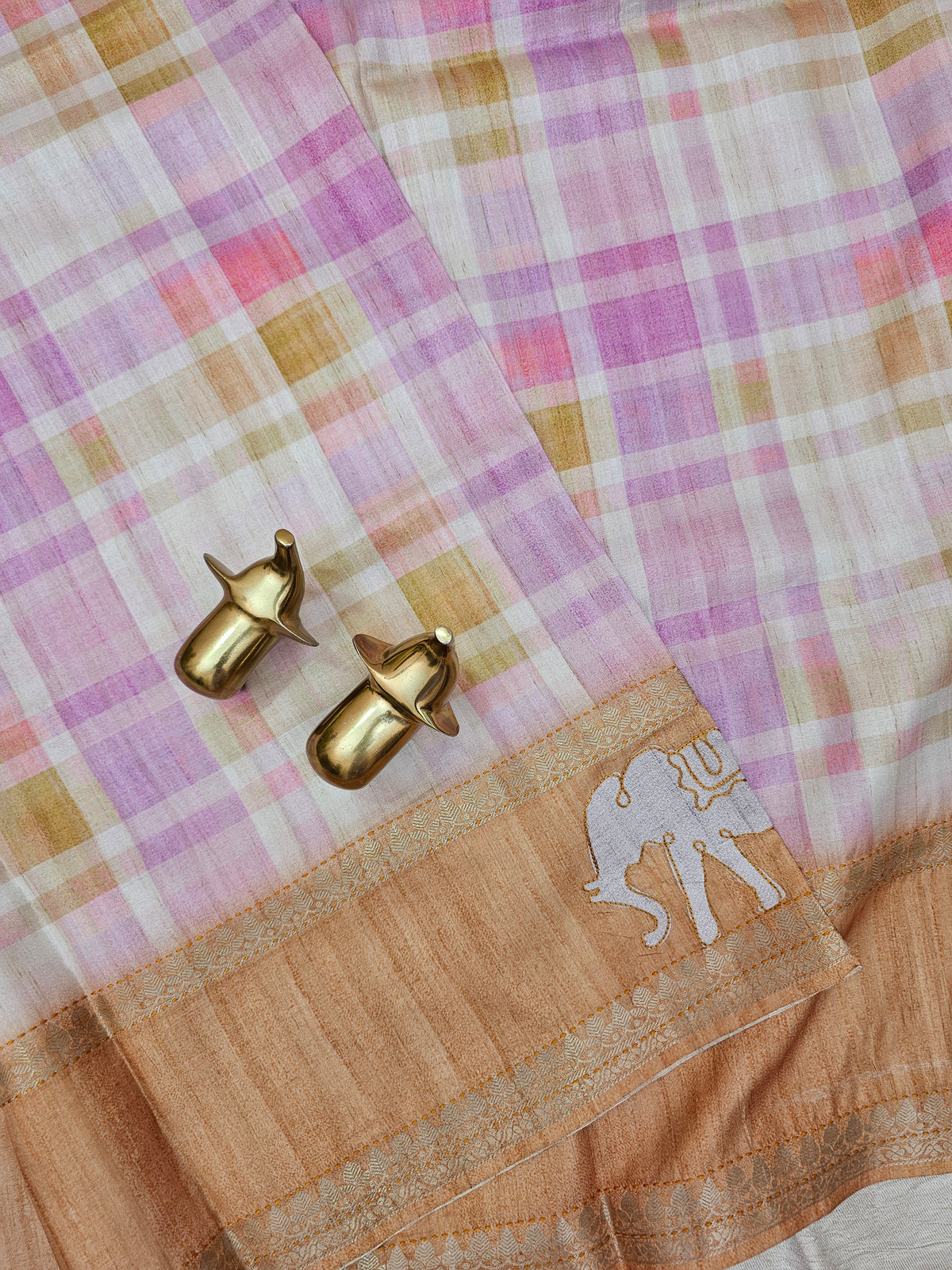 Soft Semi Tussar Madras Checks with Elephant Patch Work and Kantha Work - Brown