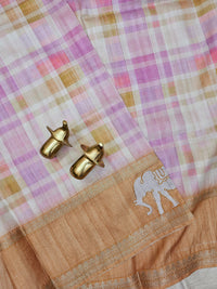 Soft Semi Tussar Madras Checks with Elephant Patch Work and Kantha Work - Brown
