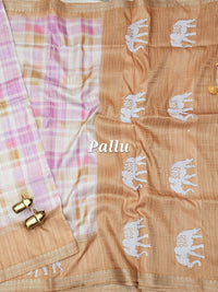 Soft Semi Tussar Madras Checks with Elephant Patch Work and Kantha Work - Brown