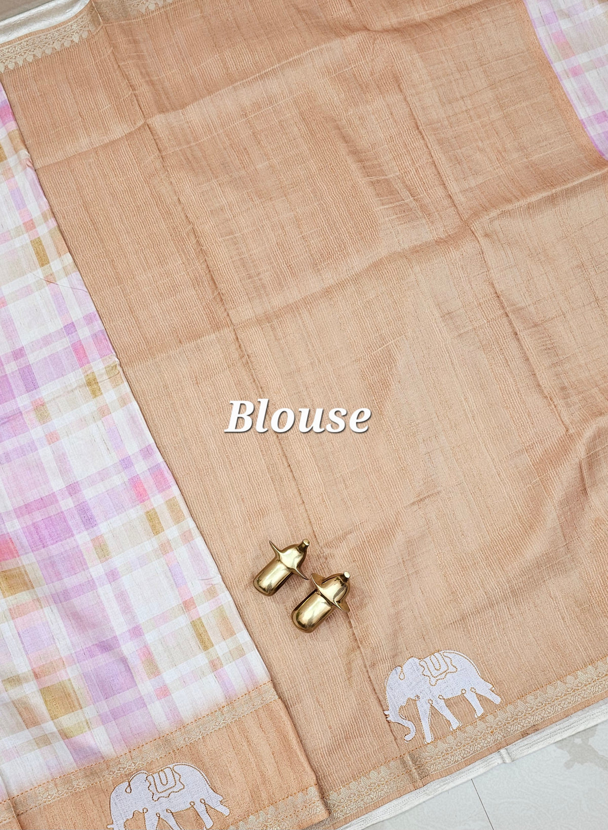Soft Semi Tussar Madras Checks with Elephant Patch Work and Kantha Work - Brown