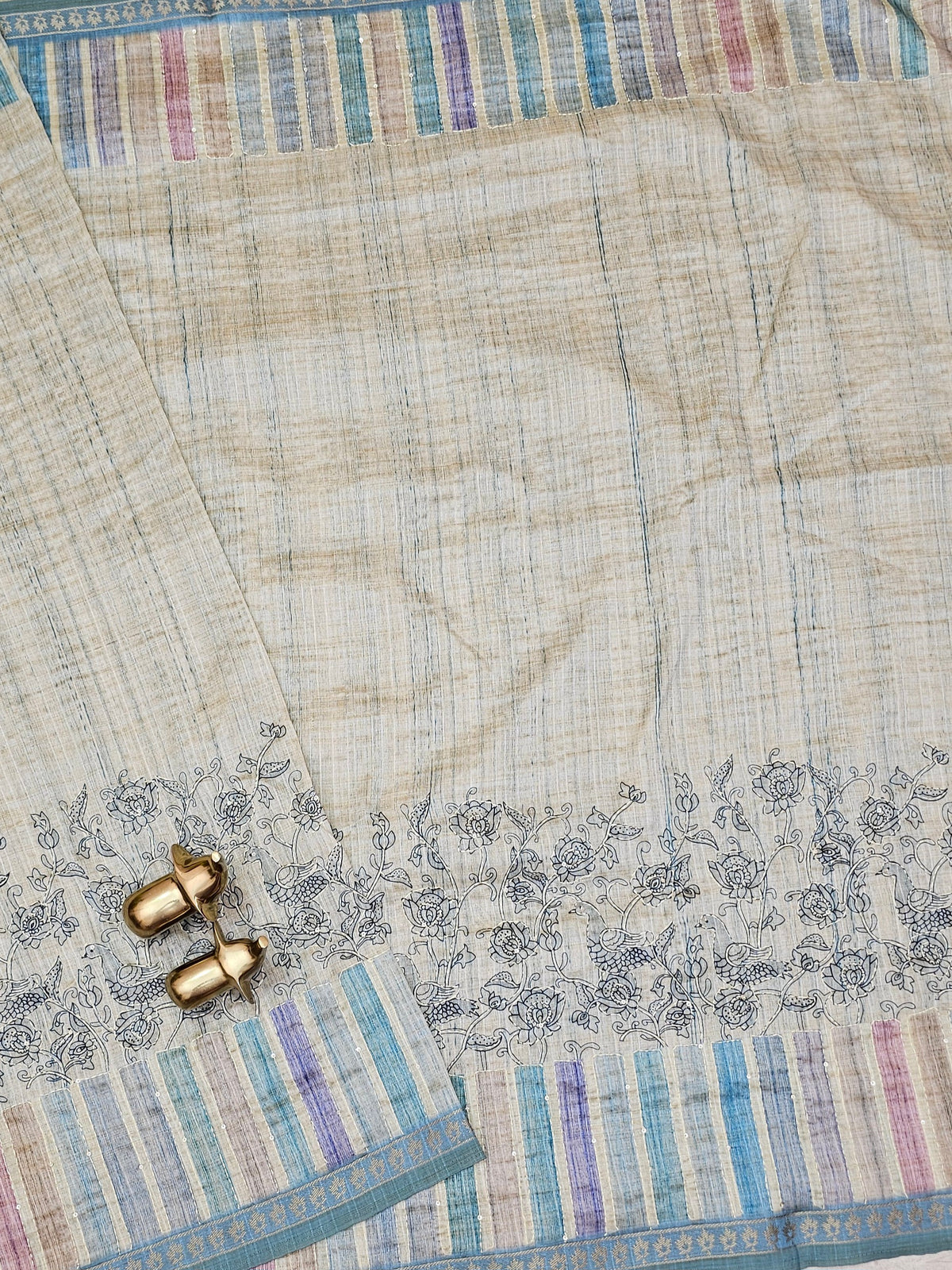 Soft Semi Tussar Multi Colour Stripes with Kantha Work - Blueish Cream with Multi Shade