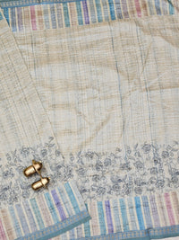 Soft Semi Tussar Multi Colour Stripes with Kantha Work - Blueish Cream with Multi Shade