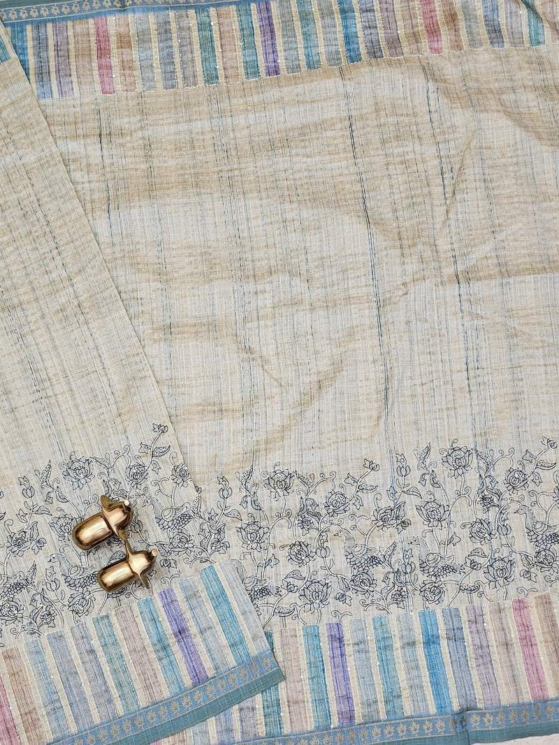 Soft Semi Tussar Multi Colour Stripes with Kantha Work - Blueish Cream with Multi Shade