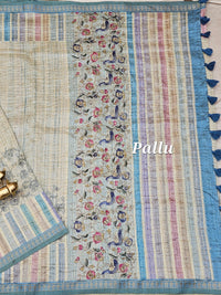 Soft Semi Tussar Multi Colour Stripes with Kantha Work - Blueish Cream with Multi Shade