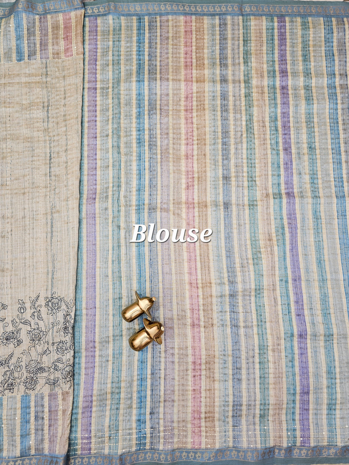 Soft Semi Tussar Multi Colour Stripes with Kantha Work - Blueish Cream with Multi Shade