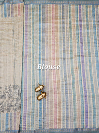 Soft Semi Tussar Multi Colour Stripes with Kantha Work - Blueish Cream with Multi Shade