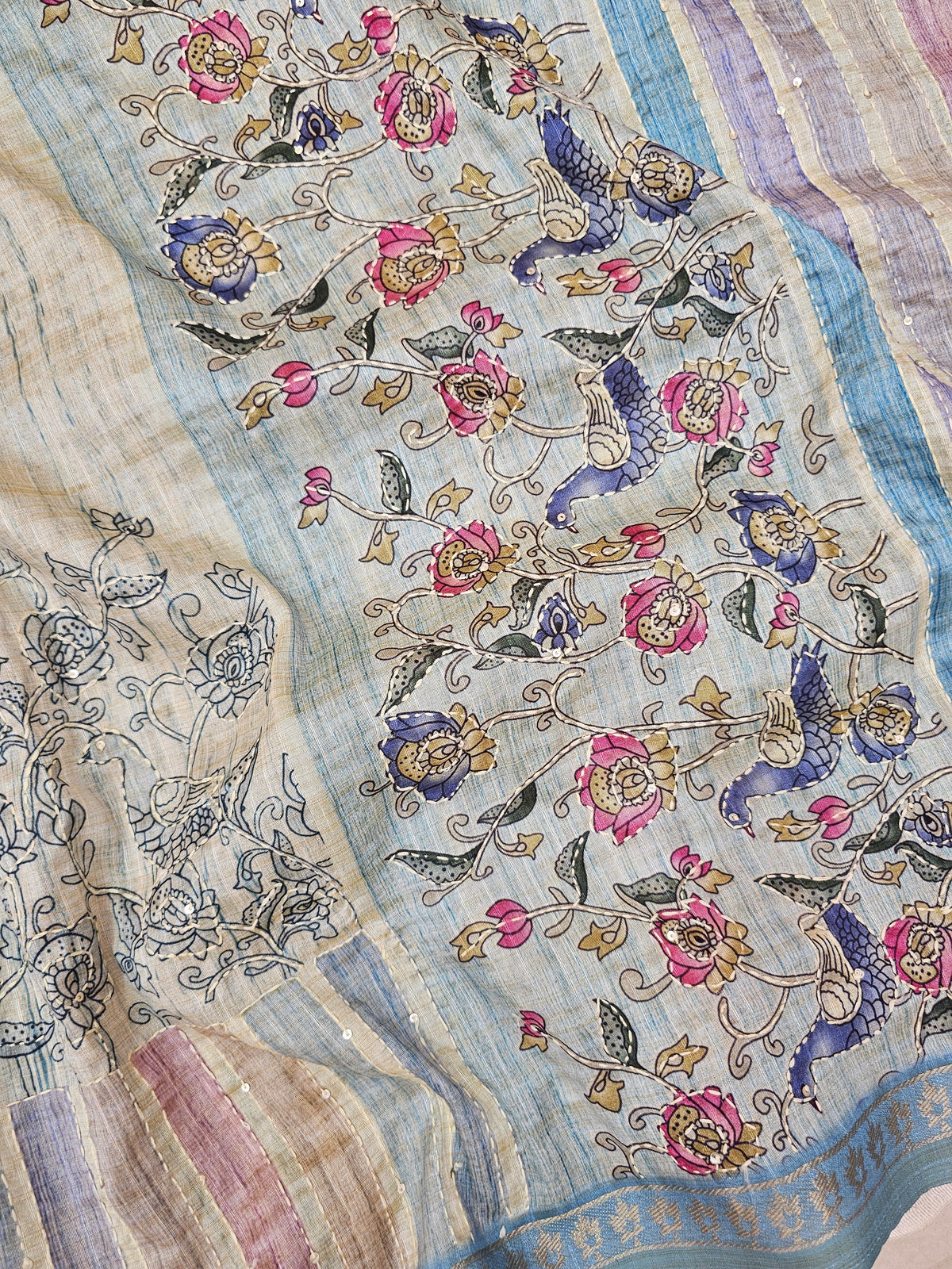 Soft Semi Tussar Multi Colour Stripes with Kantha Work - Blueish Cream with Multi Shade