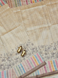 Soft Semi Tussar Multi Colour Stripes with Kantha Work - Cream with Multi Shade