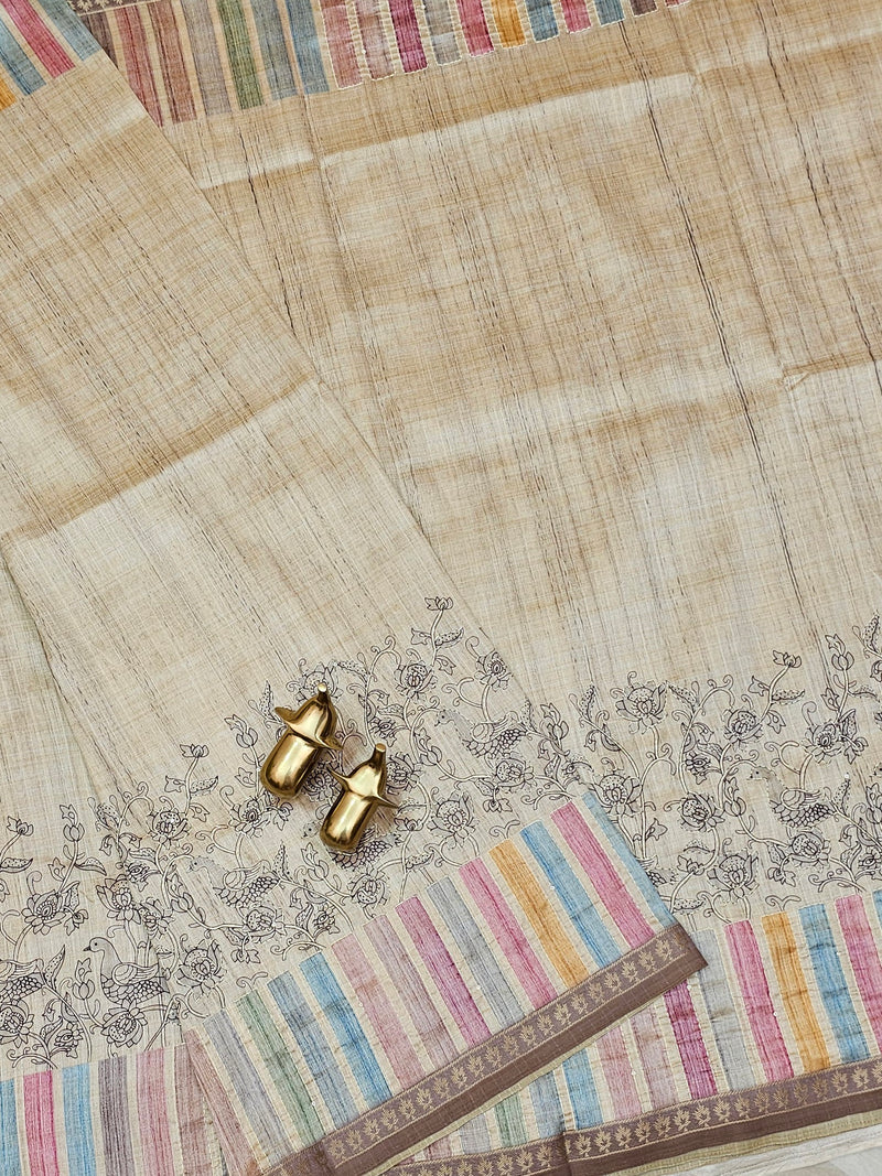 Soft Semi Tussar Multi Colour Stripes with Kantha Work - Cream with Multi Shade