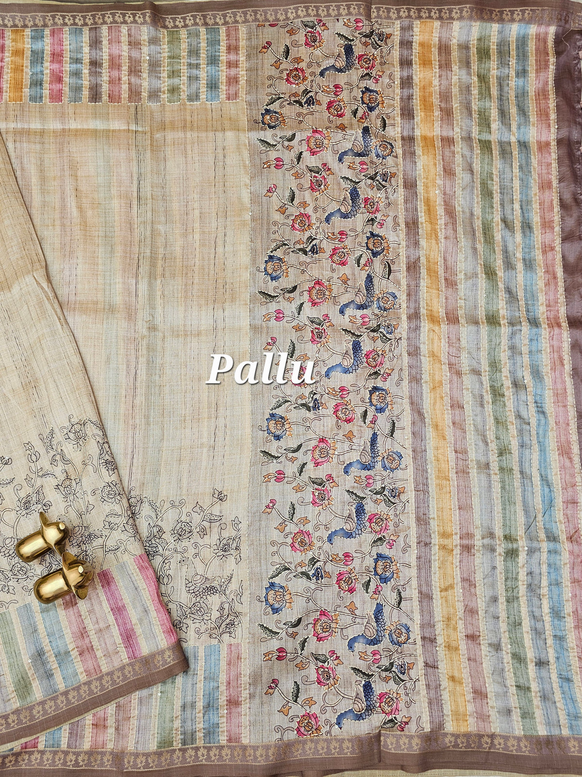 Soft Semi Tussar Multi Colour Stripes with Kantha Work - Cream with Multi Shade