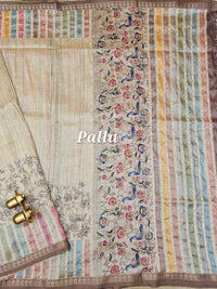 Soft Semi Tussar Multi Colour Stripes with Kantha Work - Cream with Multi Shade
