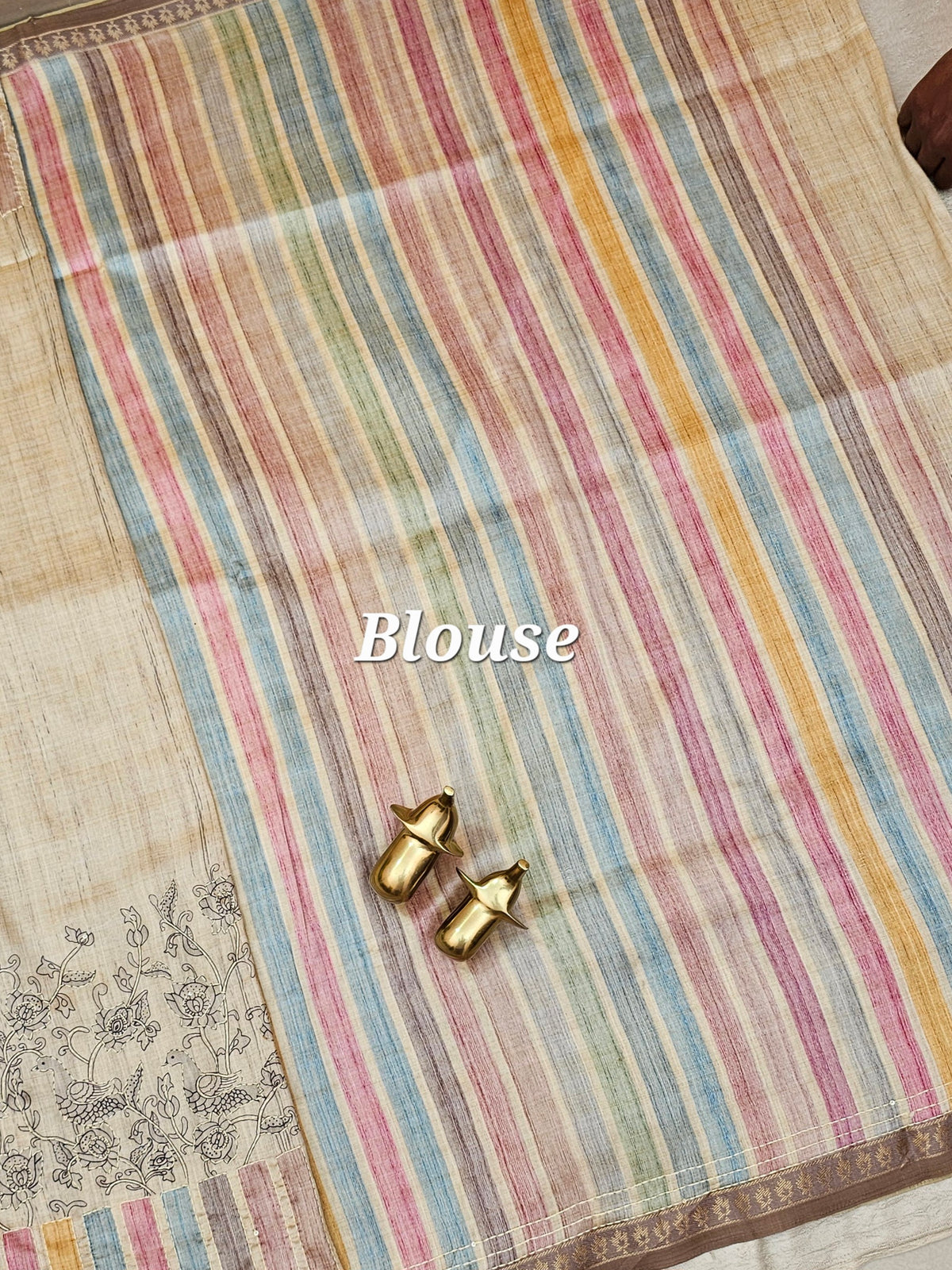 Soft Semi Tussar Multi Colour Stripes with Kantha Work - Cream with Multi Shade